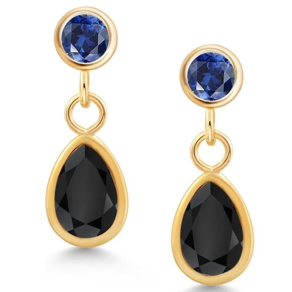 14K Yellow Gold with 1.04 Cttw Black Onyx and Royal Blue Sapphire Post Earrings